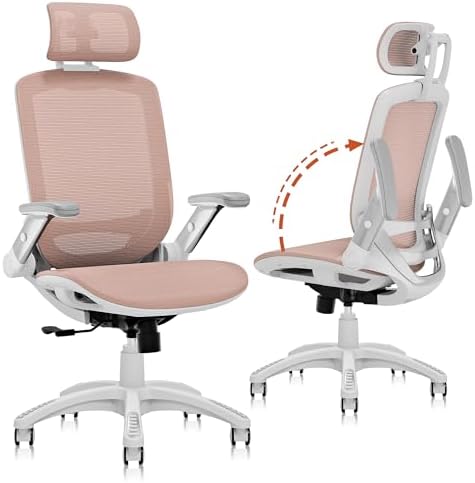 GABRYLLY Ergonomic Office Chair, High Back Home Desk Chair with 2D Flip-Up Arms, 3D Headrest, 90-120° Tilt and Wide Cushion, Big and Tall Mesh Chairs for Man Woman, White Computer Task Chair Pink by GABRYLLY