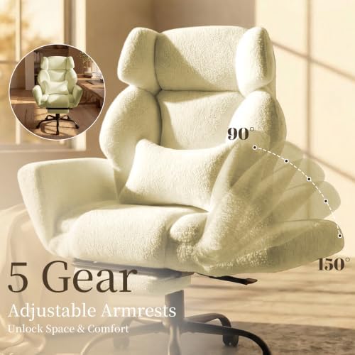 Office Chair with Flip Armrests,Big and Tall Office Chair with Foot Rest,Extra Wide Seat & Lumbar Pillow,Ergonomic Computer Gaming Chair,Comfy Criss Cross Chair for Pets Sitting,Teddy Fleece,Yellow - Image 4