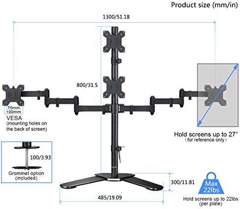 Suptek Quad LED LCD Monitor Stand up Free-Standing Desk Stand Extra Tall 31.5" Pole Heavy Duty Fully Adjustable Mount for 4 (3+1) / Four Screens up to 27 inch (ML6864) - Image 2