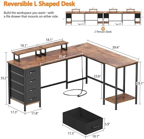 Korfile 66 inch L Shaped Computer Desk with Power Outlets, Rustic Brown - Image 3