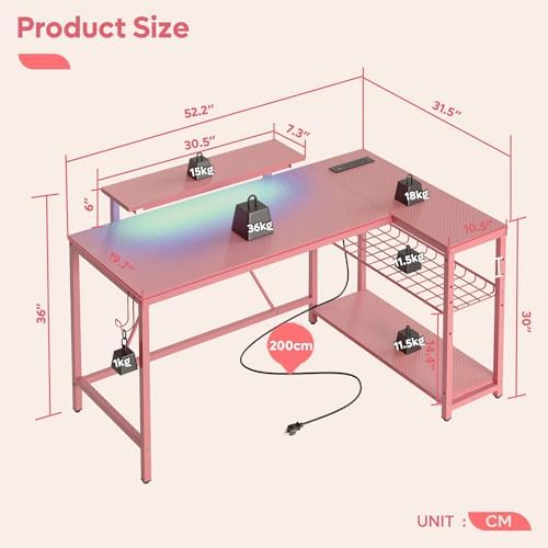 Bestier 52-Inch L-Shaped Gaming Desk with Charging & LED, Pink - Image 3