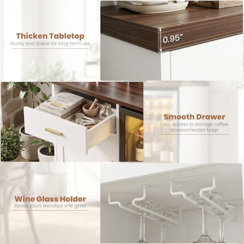 Unikito Coffee Bar Cabinet with Mini Fridge Space & Power Outlet, White - Image 4