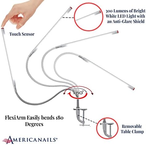 Americanails FlexiLamp Touch - LED Table Desk Lamp - Removable Clamp - Adjustable Lighting for Nail Stations - Manicure Table Light - Flexible Arm – 3 Brightness Levels - Touch Sensor - 300 Lumens - Image 4
