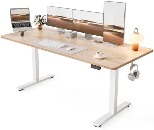 Cubiker Standing Desk, 63x28 Inches Sit Stand Home Office Desk, Electric Stand up Desk, Adjustable Desk with Splice Board, White Frame/Maple Top by CubikerHomeOfficeFurniture