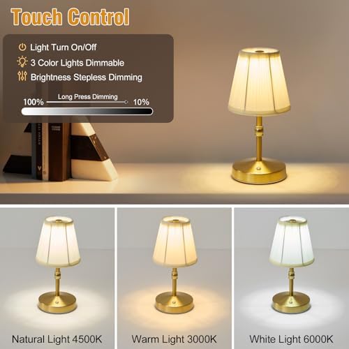 5w Led Cordless Mini Lamps,3000 mah Battery Operated Lamp,3 Color Temperature Dimmable Table Lamp,Gold Rechargeable Table Lamp Fabric,Aesthetic Small kitchen Lamp for Counter,Restaurant,Bar,H9.8" - Image 4