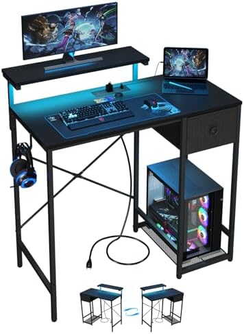 X-cosrack 33.5" Small Gaming Desk with LED Lights & Power Outlets, Compact Computer Desk with Monitor Stand & CPU Stand, Gamer Table with Storage Drawer, Side Hooks for Home Office, Bedroom, Black by X-cosrack