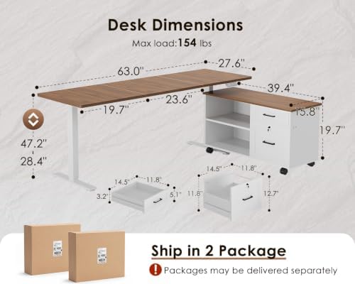 OffiGo 63" L Shaped Electric Standing Desk with Cabinet Sets, Walnut/White - Image 3