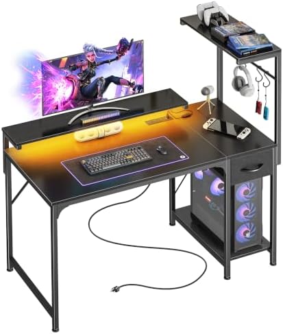 PRAISUN 39.4 Inch Gaming Desk with LED Lights & Power Outlets by PRAISUN