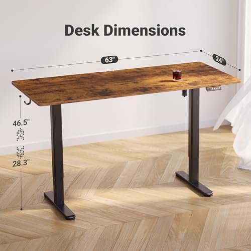 Claiks Electric Height Adjustable Standing Desk, 63x24 Inch, Rustic Brown - Image 3