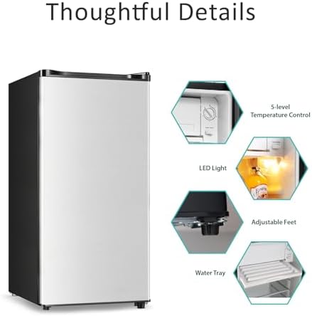 Seaoola Mini Fridge with Freezer, Single Door 3.1 Cu.Ft, Compact Mini Refrigerator, LED Light, Adjustable Thermostat, Removable Glass Shelves, Small Refrigerator for Dorm/Office/Bedroom(Sliver) - Image 3