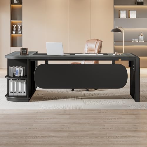 Tribesigns 81‘’ L-Shaped Executive Desk, Large Modern Office Desk with Drawers and File Cabinet for Home or Business Workspace, Grey & Black Computer Desk with Storage Shelves - Image 4
