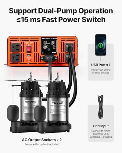 VEVOR 3000W Sump Pump Battery Backup System, LCD Display, Auto Switches to Battery Inverter Power for Sump Pump, Pure Sine Wave, for Basement Protection Emergency and Power Outage, Battery Not Include - Image 3