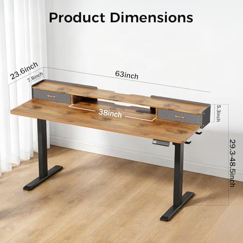 Electric Standing Desk with Drawers, 63 Inch Height Adjustable Desk with Power Outlets & LED Lights, Sit Stand Table with Monitor Stand for Home, Office, Brown - Image 2