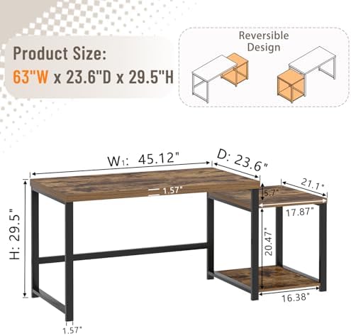 FOLUBAN Large Computer Desk for Home Office with Printer Space, Wood Study Gaming Workstation Table with Storage Shelves, Long Writing Desk for Bedroom Living Room, Rustic Brown, 63 Inch - Image 2