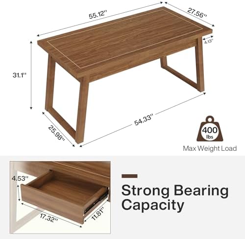 Tribesigns Home Office Executive Desk: 55 Inches Wooden Computer Desk with Drawer, Mid-Century Modern Study Writing Table, Rustic PC Laptop Desk Workstation Furniture, Walnut Brown - Image 2