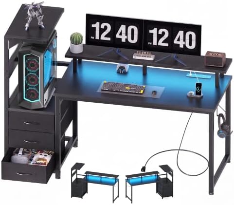 52" Reversible Gaming Desk with LED Lights Power Outlets, Black - Image 4