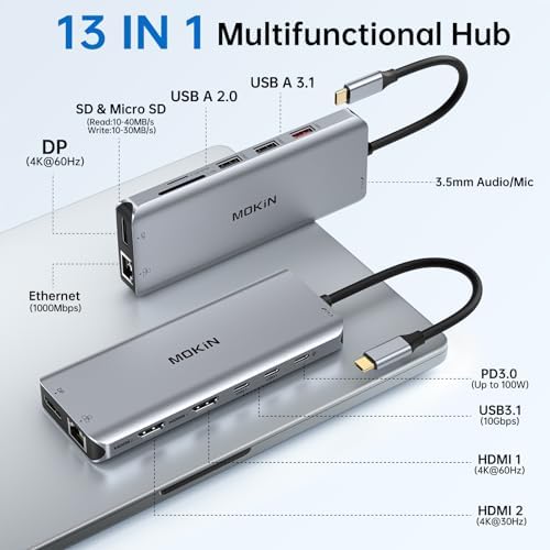USB C Laptop Docking Station Dual Monitor Dual HDMI 4K DP Triple Display Hub, 13 in 1 MOKiN USB C Hub with 3 Monitors, DisplayPort, USB 3.1, RJ45, 100W PD, Card Reader, Audio/Mic, for Dell HP Lenovo - Image 2
