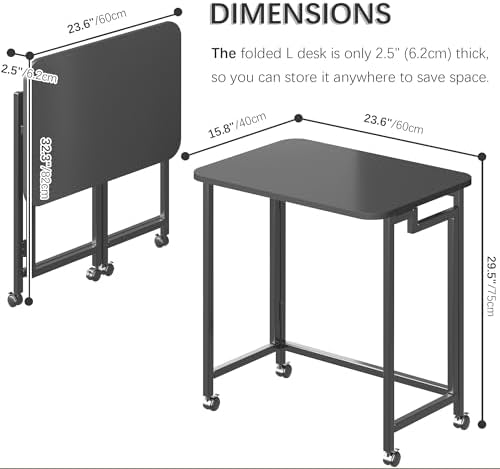 4NM 23.6" Mobile Small Rolling Computer Desk, Folding Laptop Cart Table with Wheels, Portable Office Desk for Small Space Couch Bed - All Black - Image 3