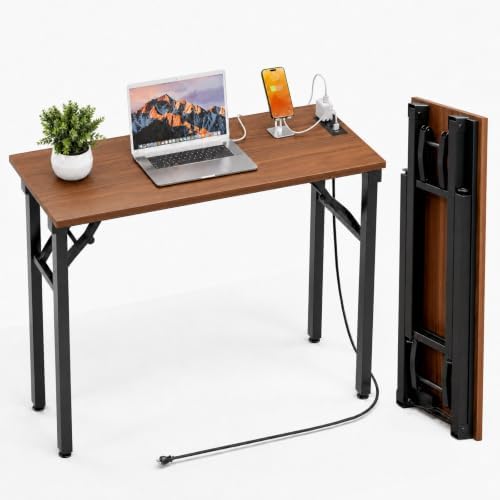Folding Table Computer Desk - 35.8" No Assembly Folding Desk with Power Outlets & USB Charging Port, Small Desk, Foldable Office Desk, Compact Storage Portable Use for Small Space, Dark Walnut by HMFOR