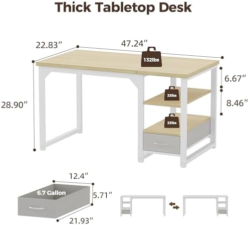 Mericonia 48 in Computer Desk with Drawer, 1" Thick Reversible Office Desk - Image 3