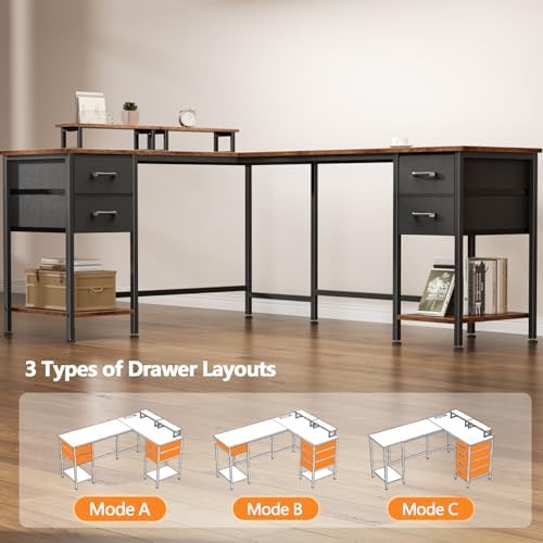 Korfile 66 inch L Shaped Computer Desk with Power Outlets, Rustic Brown - Image 5