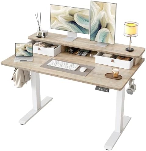 TIQLAB 48 * 24 inch Standing Desk with Two Drawers&Top Shelf, Maple by TIQLAB