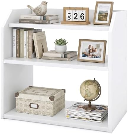 Tangkula 3-Tier Desktop Bookshelf, Wooden Countertop Bookcase with Guardrails, Space-Saving Desk Display Hutch Shelf, Modern Tabletop Storage Organizer for Study Room, Office and Dormitory (1,White) by TANGKULA