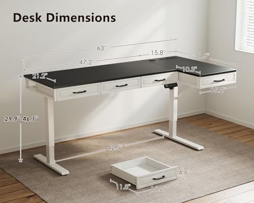 OffiGo 63 Inch L Shaped Standing Desk with 4 Wooden Drawers, White+Black - Image 3