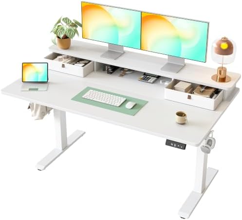 TIQLAB 55 * 28 inch Standing Desk with Two Drawers&Top Shelf, White by TIQLAB