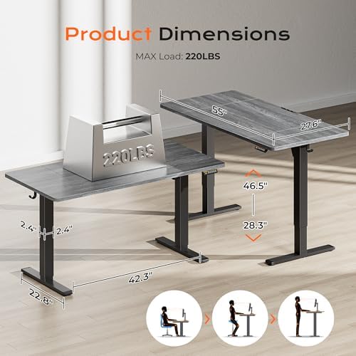 Huuger 55 x 28 Large Electric Standing Desk, Height Adjustable Desk, 27.6" Deep Desktop, Stand up Gaming Computer Office Desk with 2 Hooks, 3 Preset Heights, for Home Office, Grey - Image 2
