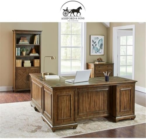 Ashford & Sons Artisan L-Desk & Return, 8-Drawer Executive Corner Workstation, 30" H x 68" W x 70" D, Hardwood Solids with Veneer, Distressed Finish, Built-in Power Center, Home Office Desk - Image 2