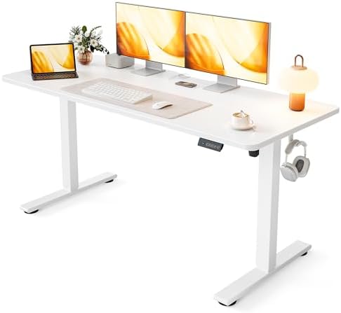 Cubiker Standing Desk, 55x24 Inches Sit Stand Home Office Desk, Electric Stand up Desk, Adjustable Desk with Splice Board, White Frame/White Top by CubikerHomeOfficeFurniture