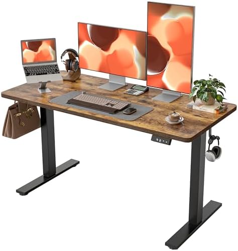 TIQLAB Standing Desk 55 x 24 inch, Electric Height Adjustable with Splice Board, Stand Up Desk, Sit Stand Desk Computer Desk for Home Office, Black Frame/Rustic Brown Top by TIQLAB