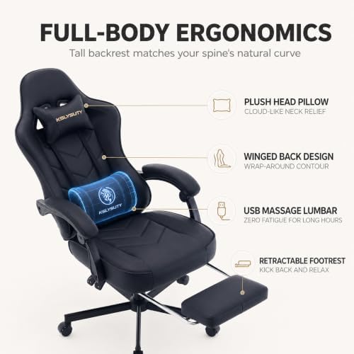 Office Desk Computer Gaming Chair for Adults, Ergonomic High Back Gamer Chair with Massage and Pocket Spring Cushion, Swivel Comfy Video Game Chairs with Footrest and Lumbar Support (Black) - Image 5