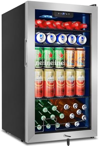 FoMup Beverage Refrigerator 126 Can, Mini Beverage Fridge Small Beverage Cooler Stainless Steel with Glass Door Safety Lock, Drink Fridge for Beer Soda Wine, Perfect for Dorm Office Hotel by FoMup