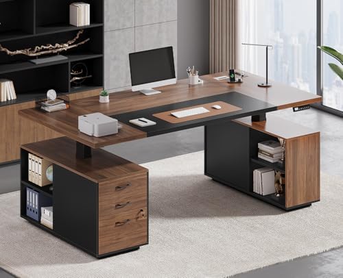 71" Electric Standing Desk with Drawers, Electric Height Adjustable Executive Desk with Lockable File Cabinet, Home Office Desk, Open Storage Compartments, Built-in Power Outlet, Black by Unknown