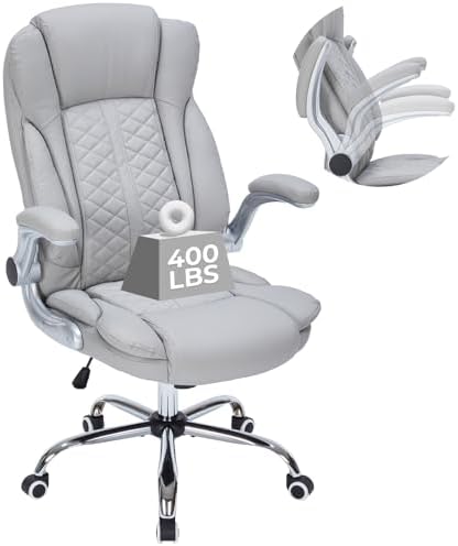 400lbs Executive Office Chair with Flip-Up Armrests, Big and Tall Computer Chair for Heavy People, Heavy Duty Ergonomic Comfy Chair, Breathable PU Leather (Grey) by BUYNOW