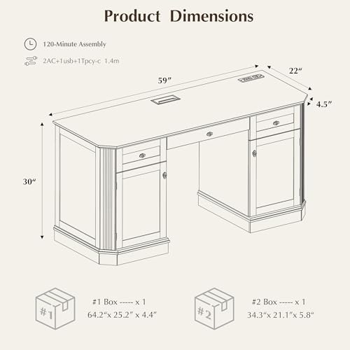 59" Classic Executive Desk with Storage, Victorian Executive Desk with Charging Station, Keyboard Tray, 3 Drawers & 2 Cabinet Storage & 2 Pedestals, Easy Assembly, Dark Walnut - Image 2
