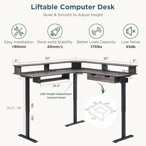 RedLemon 60 Inches L Shaped Electric Standing Desk, Dark Rustic Oak - Image 2