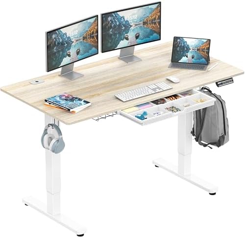 SHW 55 x 28 Electric Height Adjustable Standing Desk w/Drawer, Maple by SHW