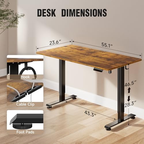 Veken 55 Inch Large Electric Standing Desk, Gaming Table, Brown - Image 3