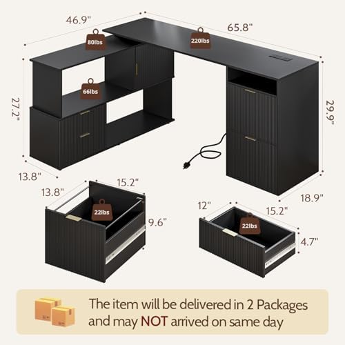 L-Shaped Desk with Drawers & Power Outlet, 180 Rotating Corner Computer Desk with Storage, 66 Inch Office Desk with 5-Drawer, Space-Saving Modern L-Shaped Workstation, Black - Image 3