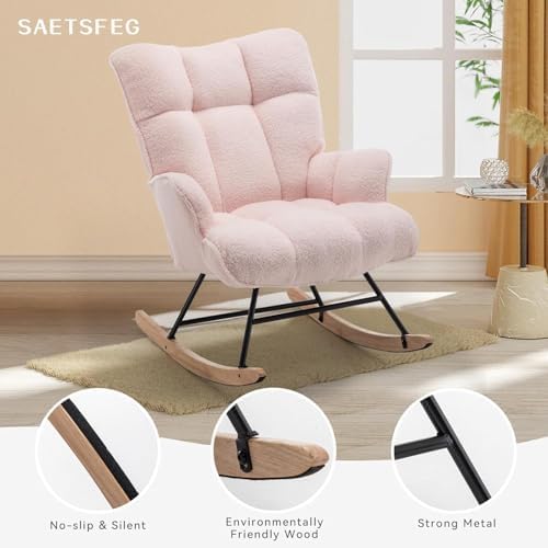 SAETSFEG Rocking Chair Nursery Teddy Upholstered Glider Rocker Rocking Accent Chair Padded Seat with High Backrest Armchair Comfy Side Chair for Living Room Bedroom Offices (Pink Teddy) - Image 5