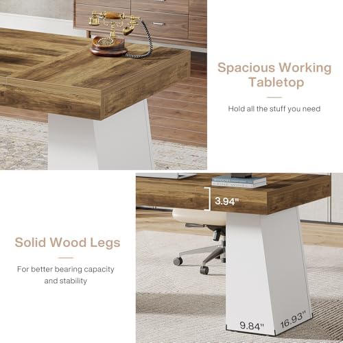 Tribesigns 55 Inches Executive Desk, Mid-Century Modern Home Office Desk, Wood Computer Table Business Workstation Small Conference Table, White & Brown - Image 5