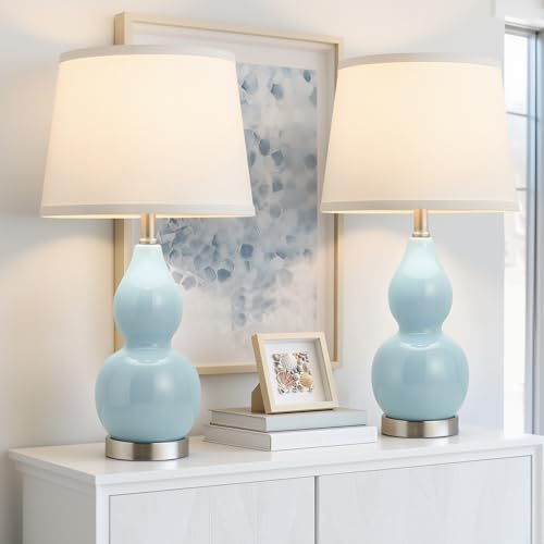 GyroVu 22" Table Lamp Set of 2, Color Temperature Adjustable Double Gourd Ceramic Lamps Classic Nightstand Table Lamps for Bedroom Beside Lamps for Living Room, Sky Blue-Bulbs Included by WelcomeGyroVu