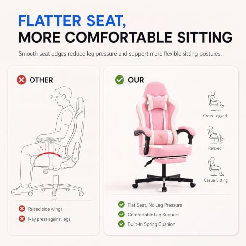 Desk Computer Gaming Chair - High Back Ergonomic Office Chair with Footrest and Lumbar Support, Swivel Comfy Home Gamer Video Game Chairs with Pocket Spring Cushion for Adults (Pink Leather) - Image 4