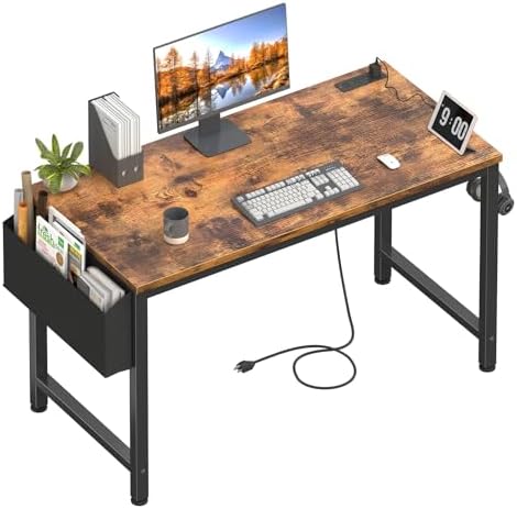 Lufeiya Computer Desk with Power Outlet, 47 inch Teen Study Table Home Office Work Writing Gaming Desks with Charging Station Outlets Built in, Brown by LUFEIYA