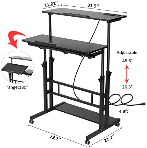 Hadulcet Stand Up Desk, Rolling Desk Adjustable Height, Mobile Standing Desk with Wheels & Charging Station, Portable Stand for Laptop, Rolling Computer Cart TV Tray, Small Standing Desk Drawing Table - Image 2