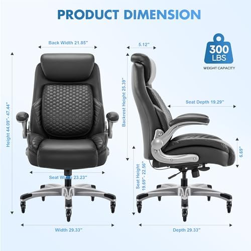 COLAMY Office Ergonomic Desk High Back Executive Chair with Pop-Out Lumbar Support, Upgraded Casters, Adjustable Headrest, Flip-Up Arms, Leather Home with Thick Cushion for Comfort - Black - Image 3
