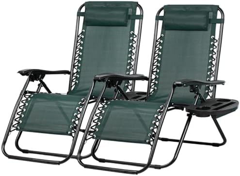 Nazhura Set of 2 Relaxing Recliners Patio Chairs Adjustable Steel Mesh Zero Gravity Lounge Chair Beach Chairs with Pillow and Cup Holder (Dark Green) by NazhuraGoodCompanionAtHome
